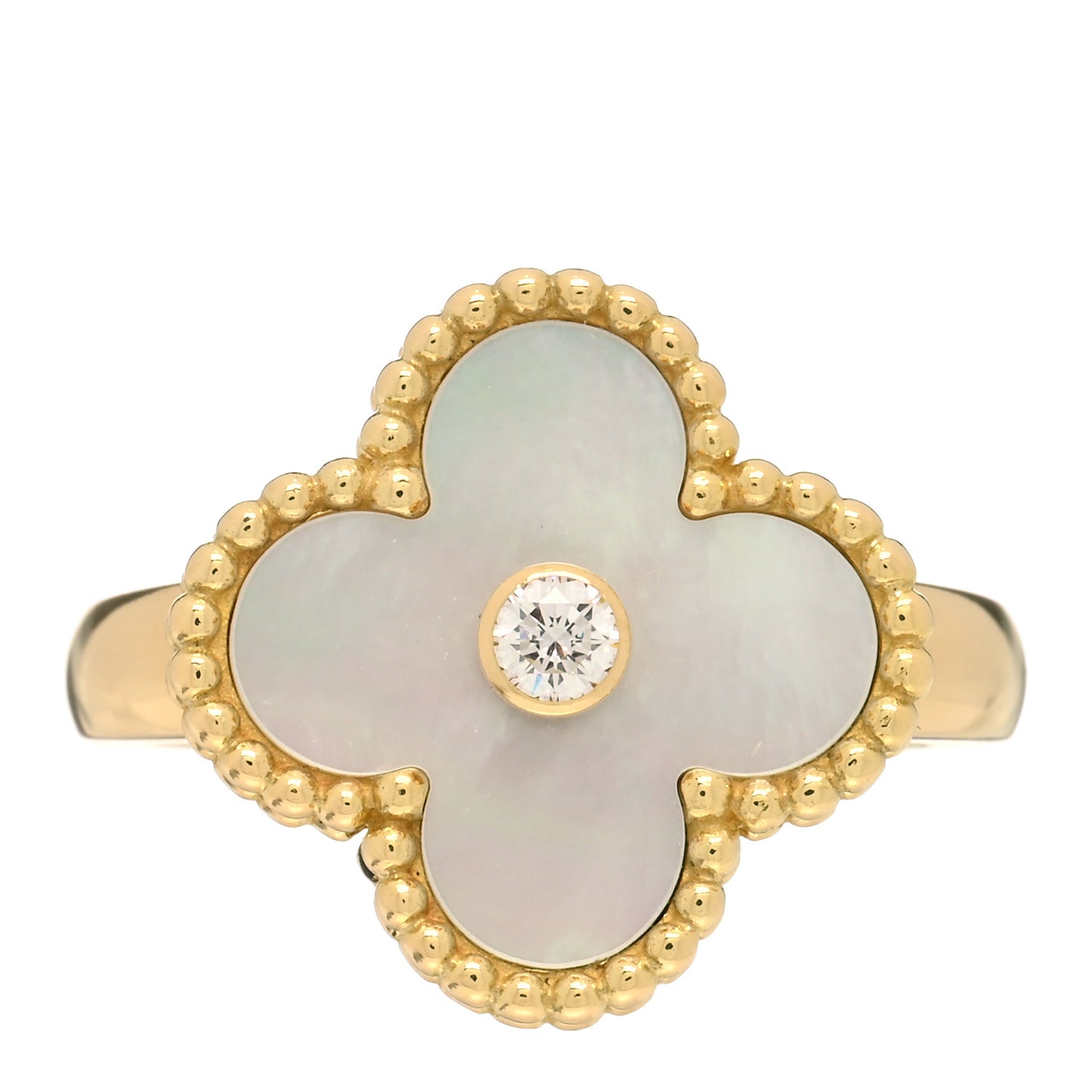 18K Yellow Gold Diamond Mother of Pearl Vintage Alhambra Ring 48 4.5