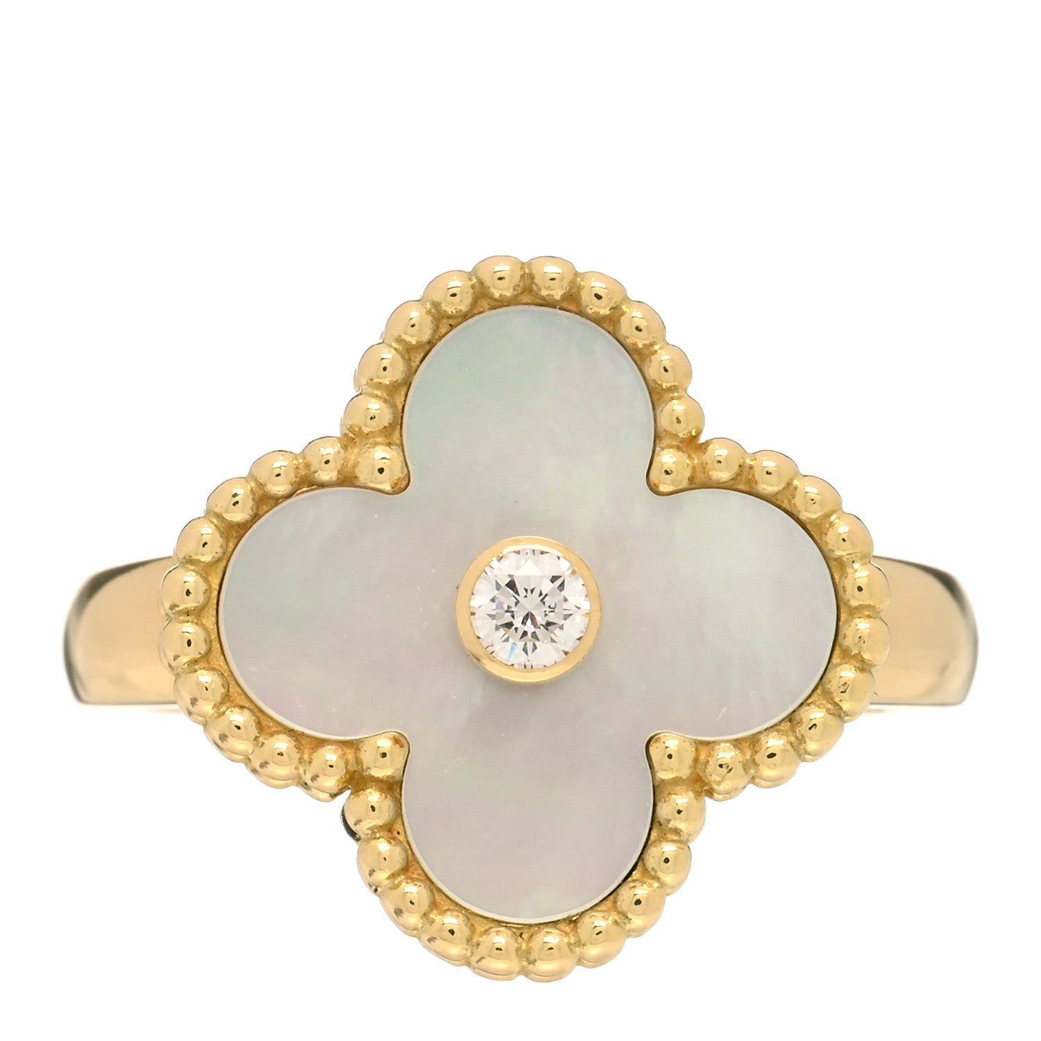 Van Cleef & Arpels 18K Yellow Gold Diamond Mother of Pearl Vintage Alhambra Ring 48 4.5 1 of 3