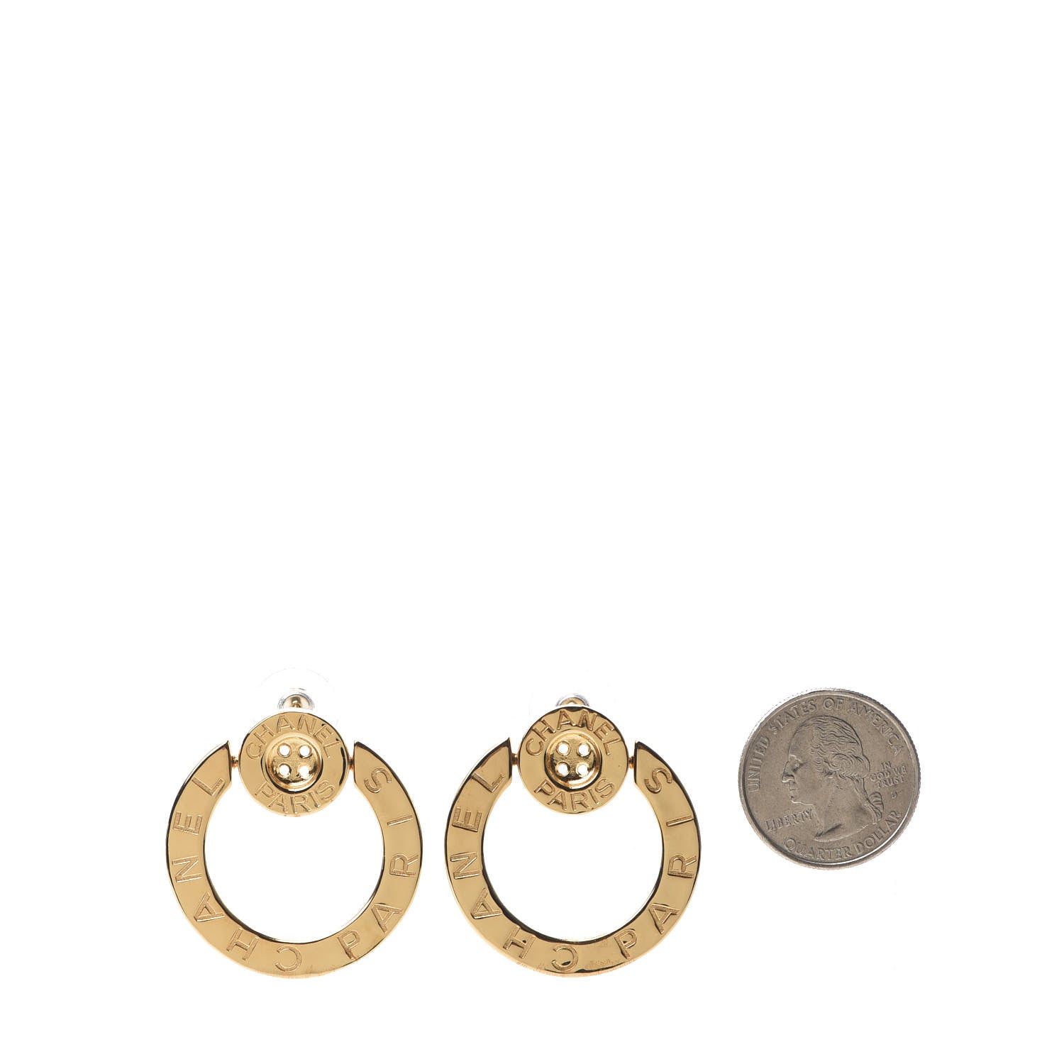 Chanel Metal Paris Button Hoop Earrings Gold 2 of 5