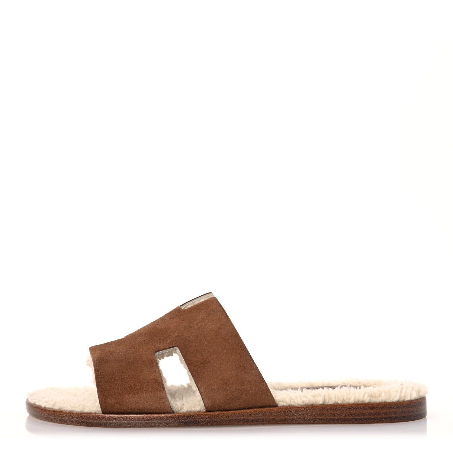 Hermes Suede Goatskin Shearling Mens Izmir Sandals 42.5 Marron Teck Ecru 1 of 10