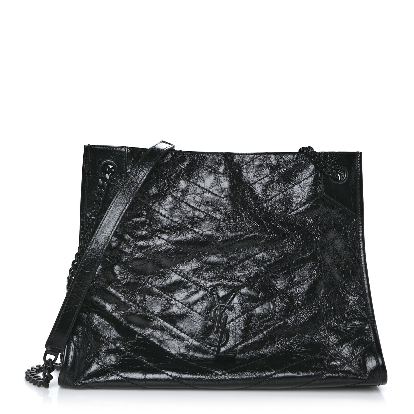 Crinkled Calfskin Matelasse Monogram Medium Niki Shopper Tote Black
