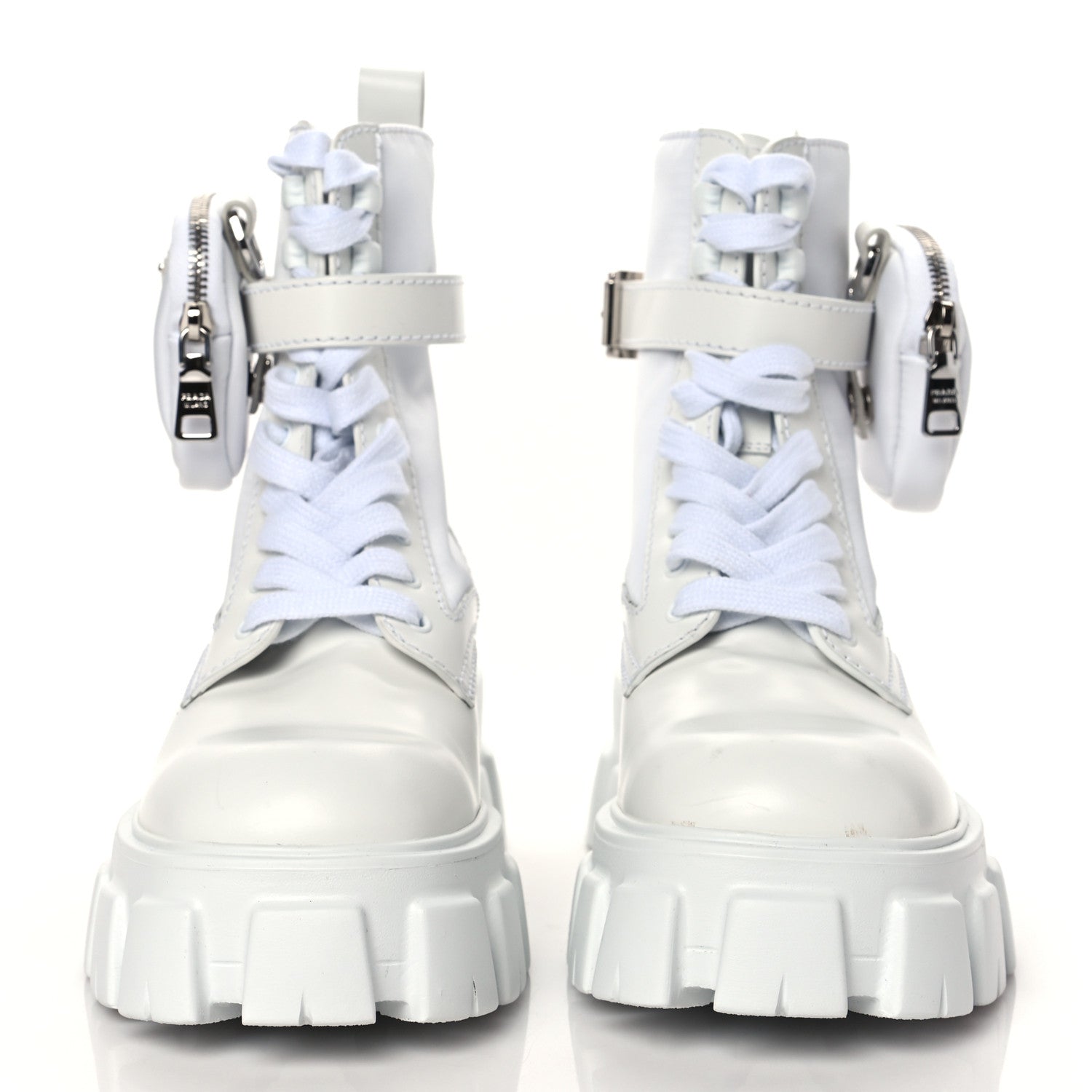 Prada Spazzolato Rois Re-Nylon Metal Triangle Logo Mens Monolith Pouch Pocket 60mm Combat Boots 6 White 2 of 9