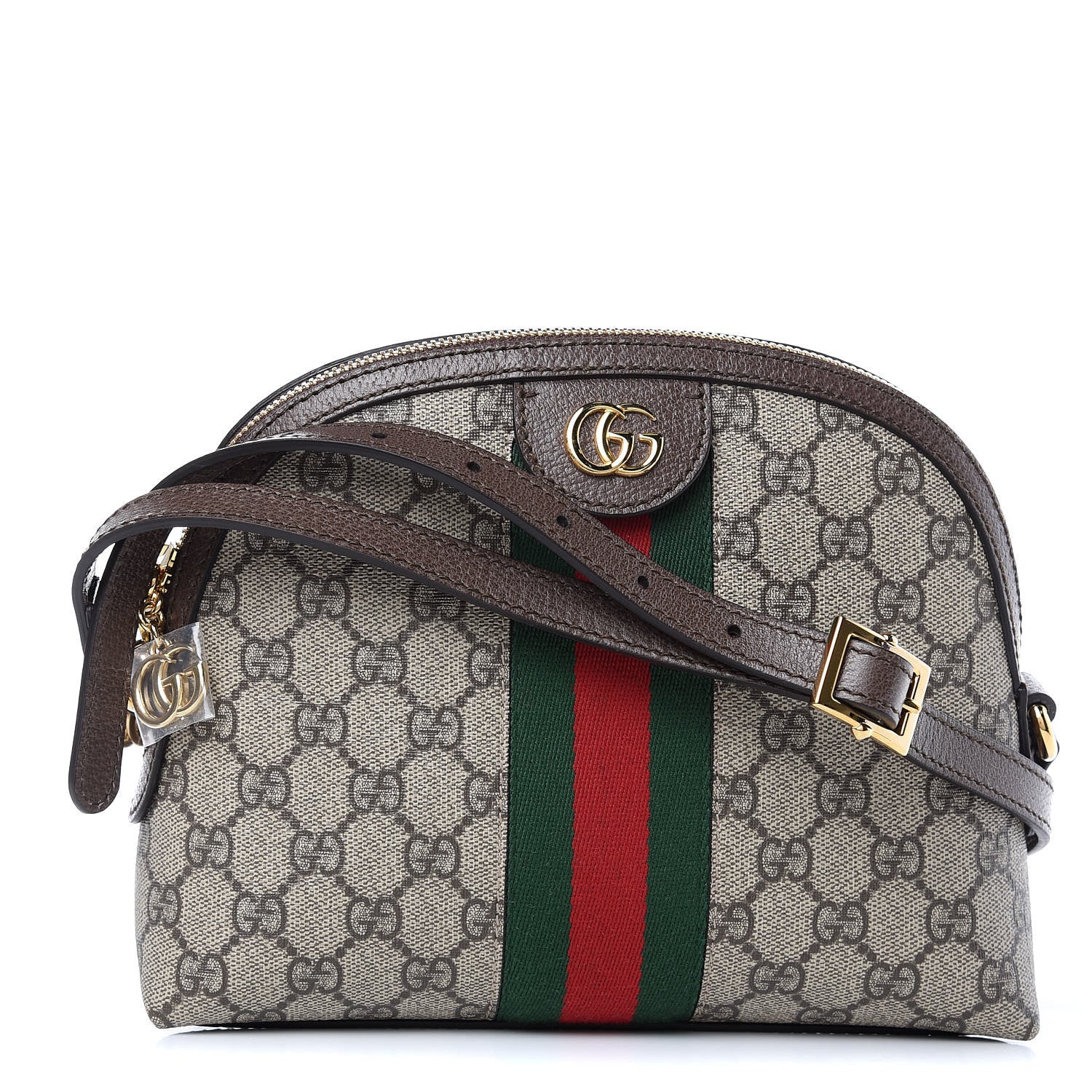 Gucci GG Supreme Monogram Textured Dollar Calfskin Web Small Ophidia Dome Shoulder Bag Beige Ebony New Acero 1 of 9