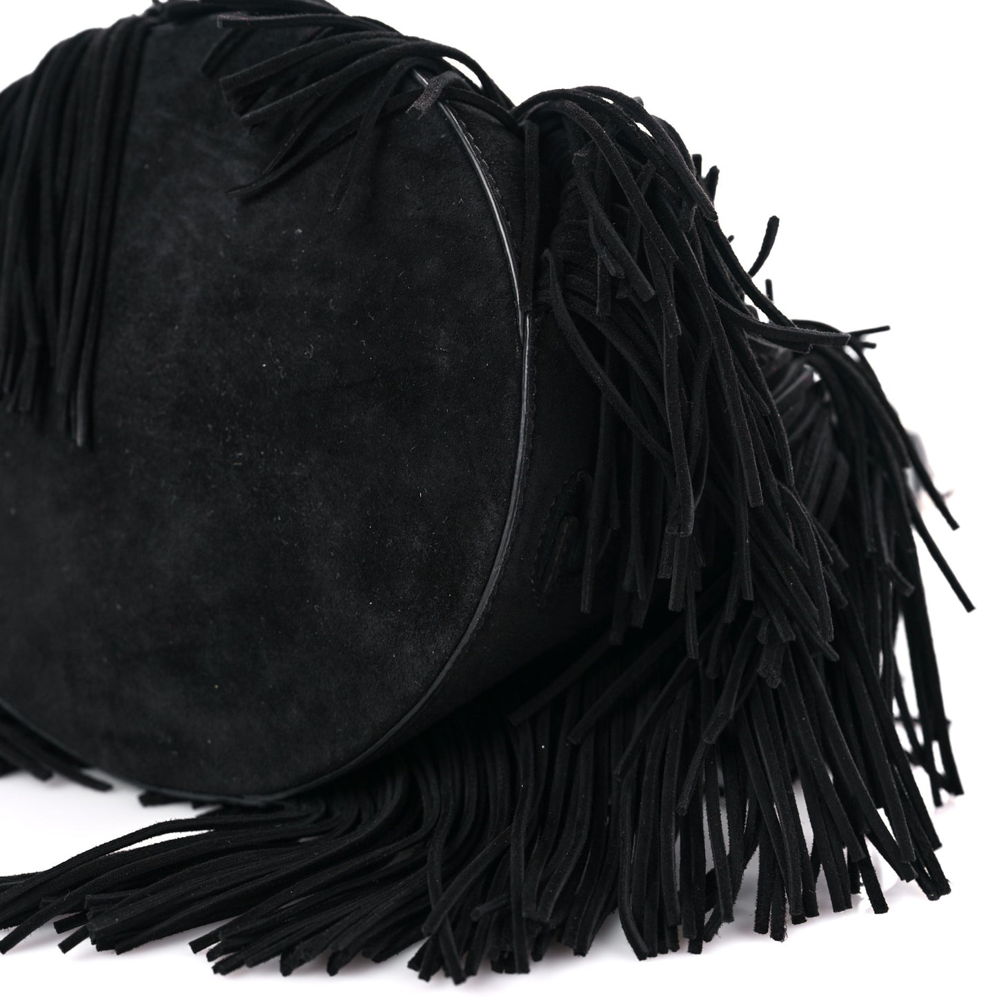 Suede Calfskin Fringe Marie Jane Bucket Black