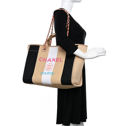 Chanel Straw Raffia Calfskin Striped Medium Deauville Tote Black Beige Ivory 2 of 10