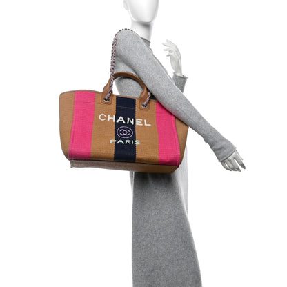 Chanel Straw Raffia Calfskin Striped Medium Deauville Tote Dark Beige Fuchsia Navy Blue 2 of 12