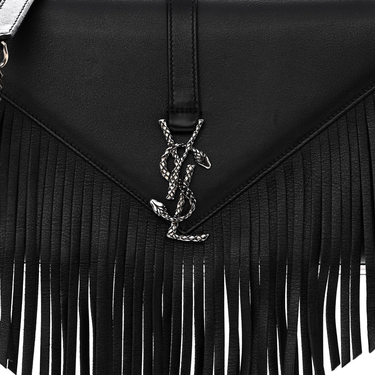 Saint Laurent Calfskin Fringe Medium Snake Monogram Satchel Black 5 of 9
