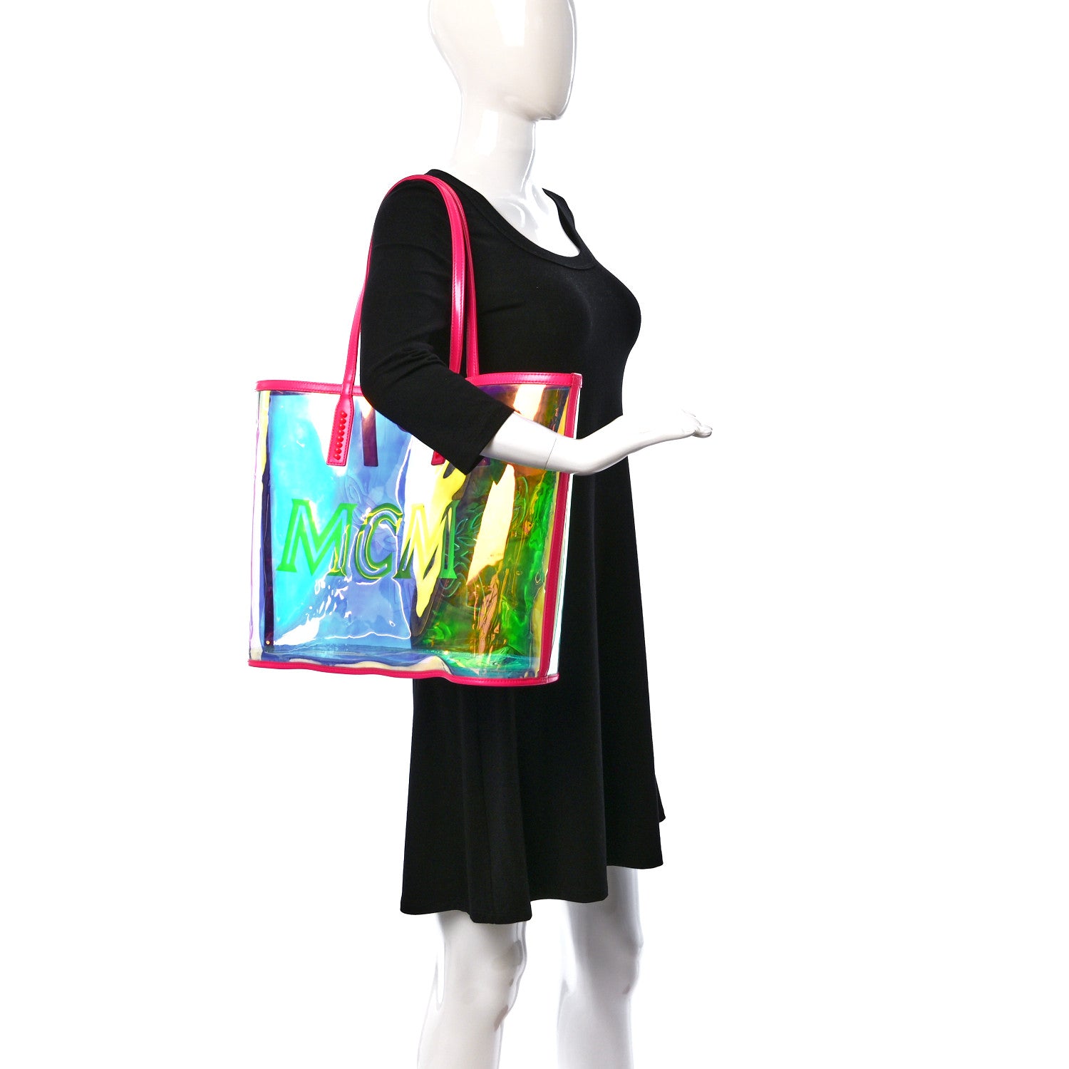 MCM Iridescent PVC Shopper Tote Neon Pink Hologram 3 of 7