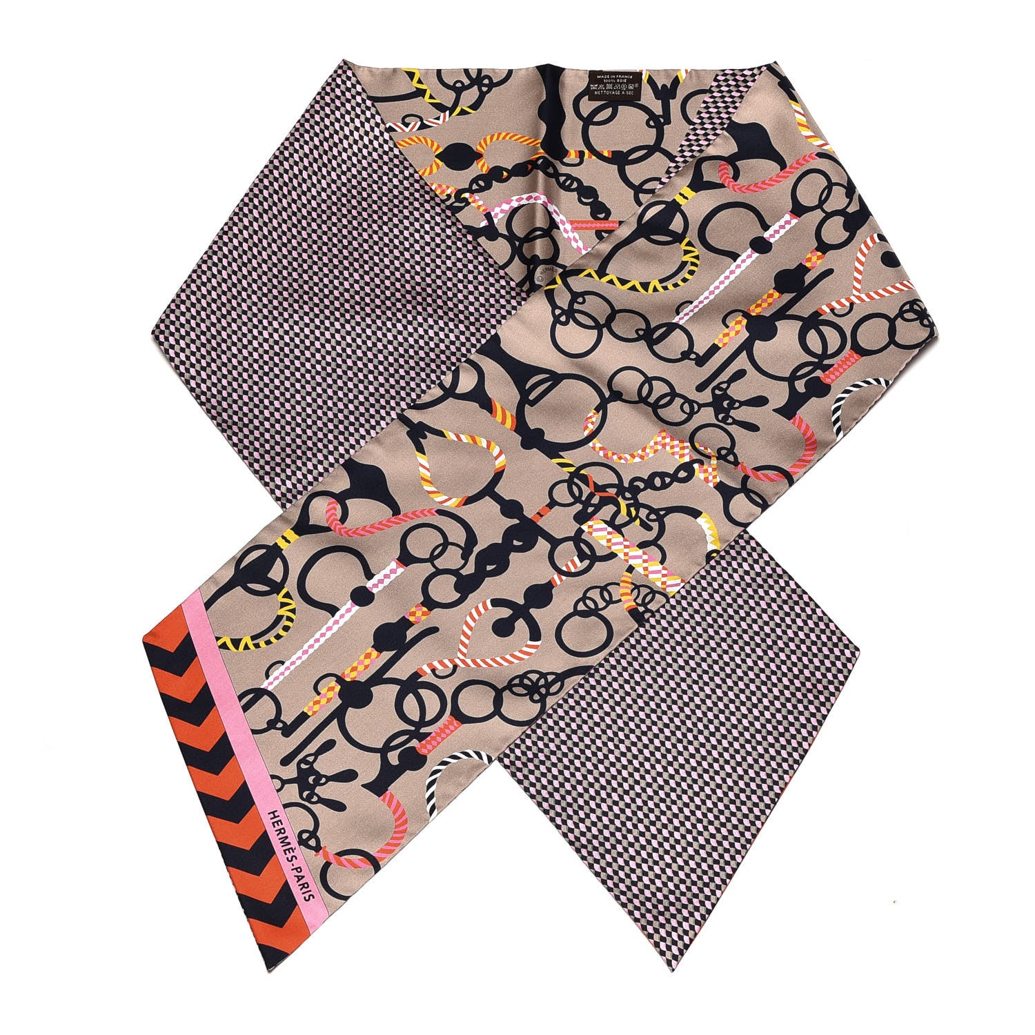 Hermes Silk Mors Et Tresses Maxi Twilly Cut Gris Beige Black Rose Vif 1 of 5