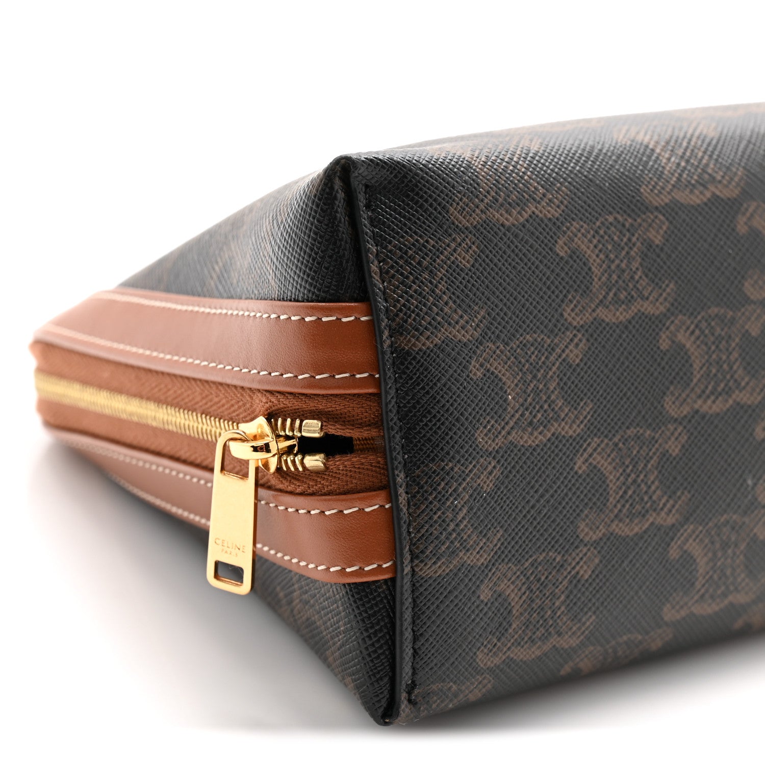 Celine Triomphe Canvas Calfskin Medium Cosmetic Pouch Tan 9 of 12