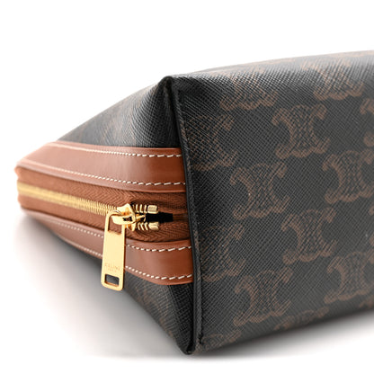 Celine Triomphe Canvas Calfskin Medium Cosmetic Pouch Tan 9 of 12