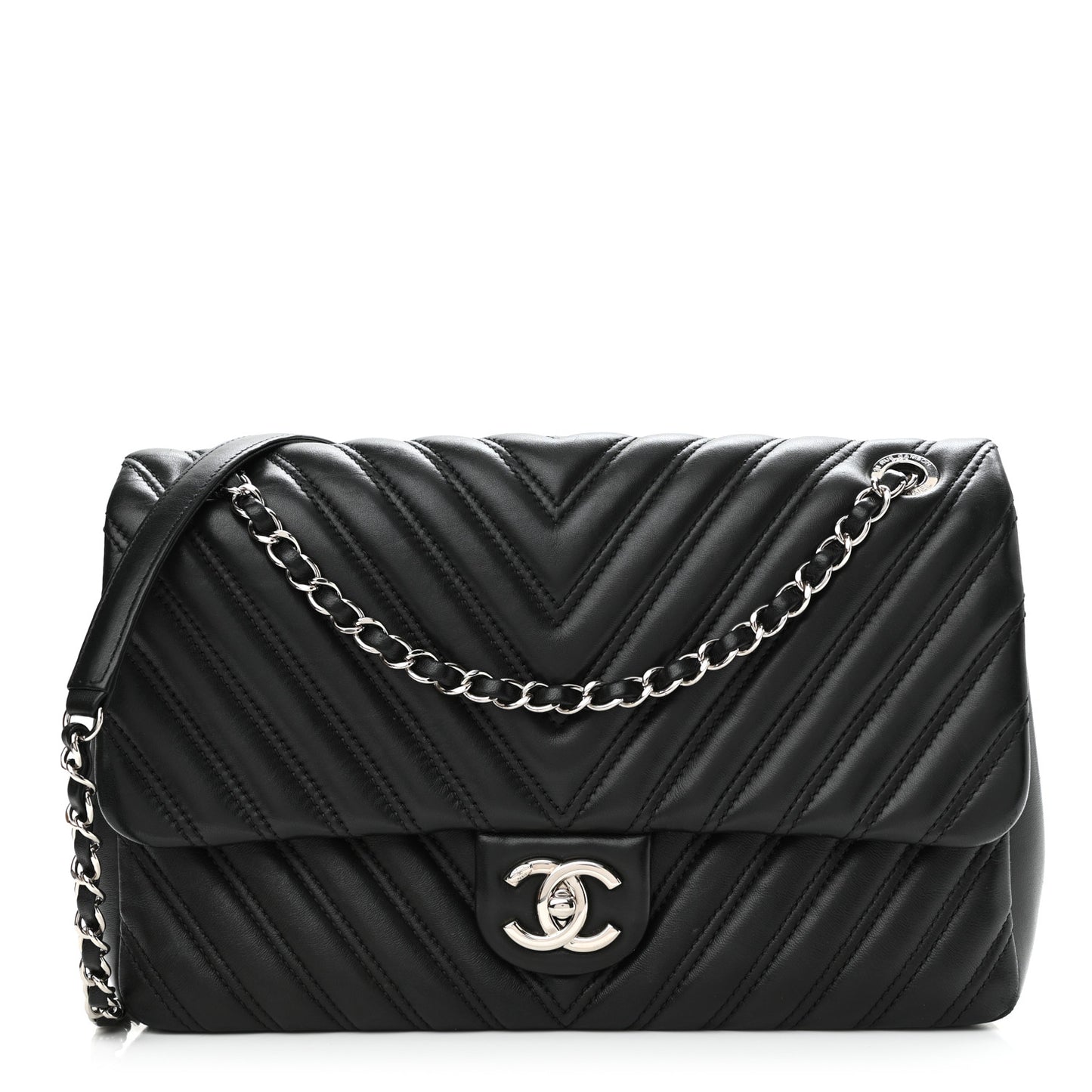 Lambskin Chevron Quilted Double Stitch Jumbo Single Flap Black