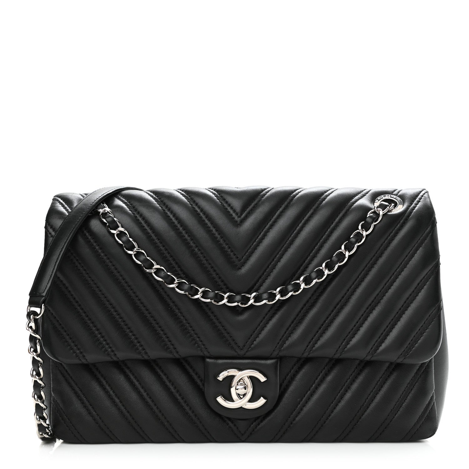 Chanel Lambskin Chevron Quilted Double Stitch Jumbo Single Flap Black 1 of 11