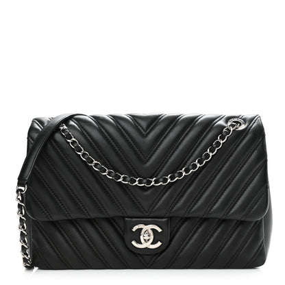 Chanel Lambskin Chevron Quilted Double Stitch Jumbo Single Flap Black 1 of 11