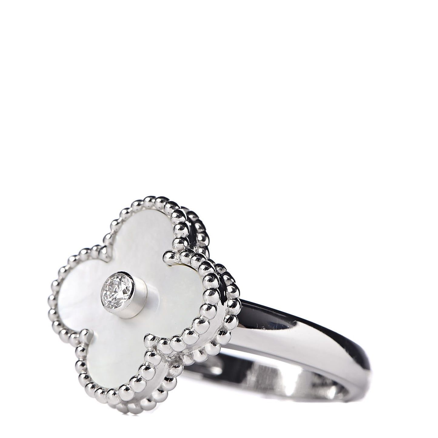 18K White Gold Diamond Mother of Pearl Vintage Alhambra Ring 50 5.25