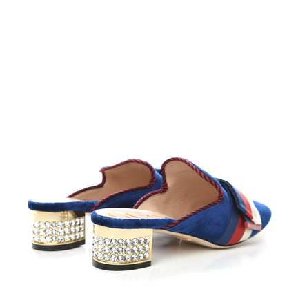 Gucci Velvet Crystal Sylvie Bow Mules 38 Cobalt Blue 4 of 9