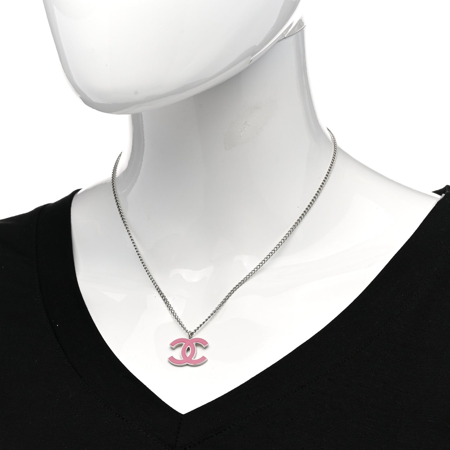Enamel CC Pendant Necklace Pink Silver
