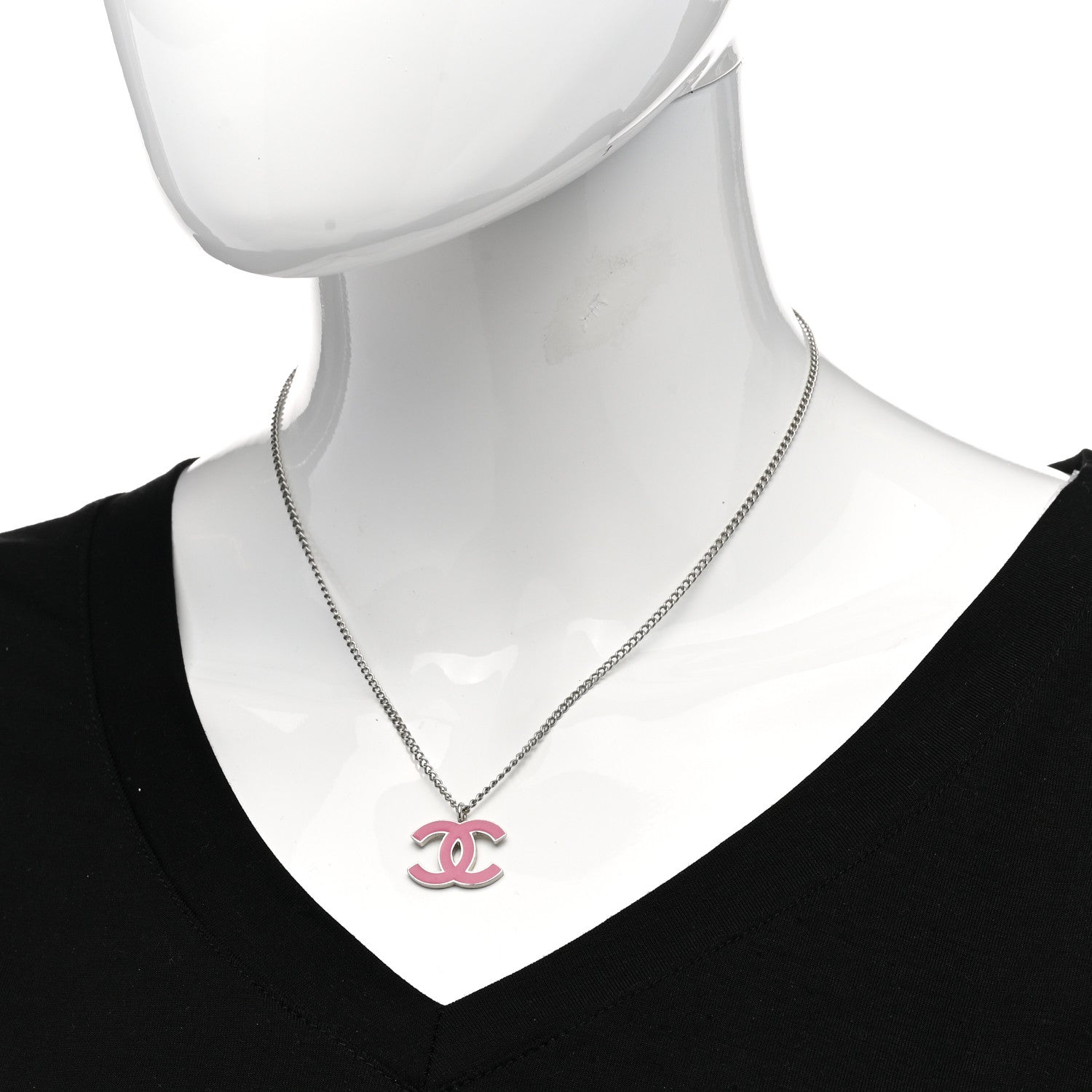 Chanel Enamel CC Pendant Necklace Pink Silver 2 of 7