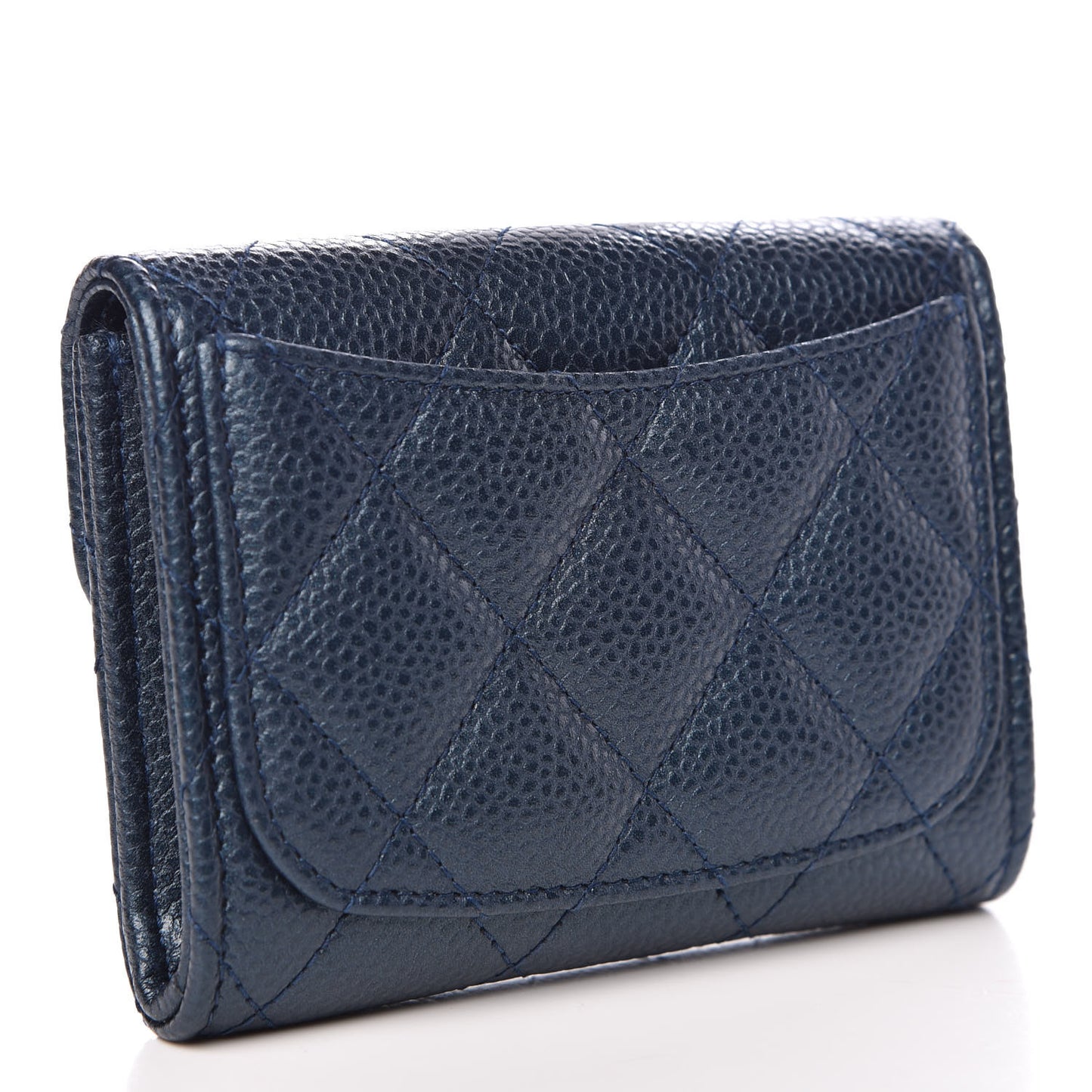 Metallic Caviar Quilted Flap Card Holder Wallet Dark Blue