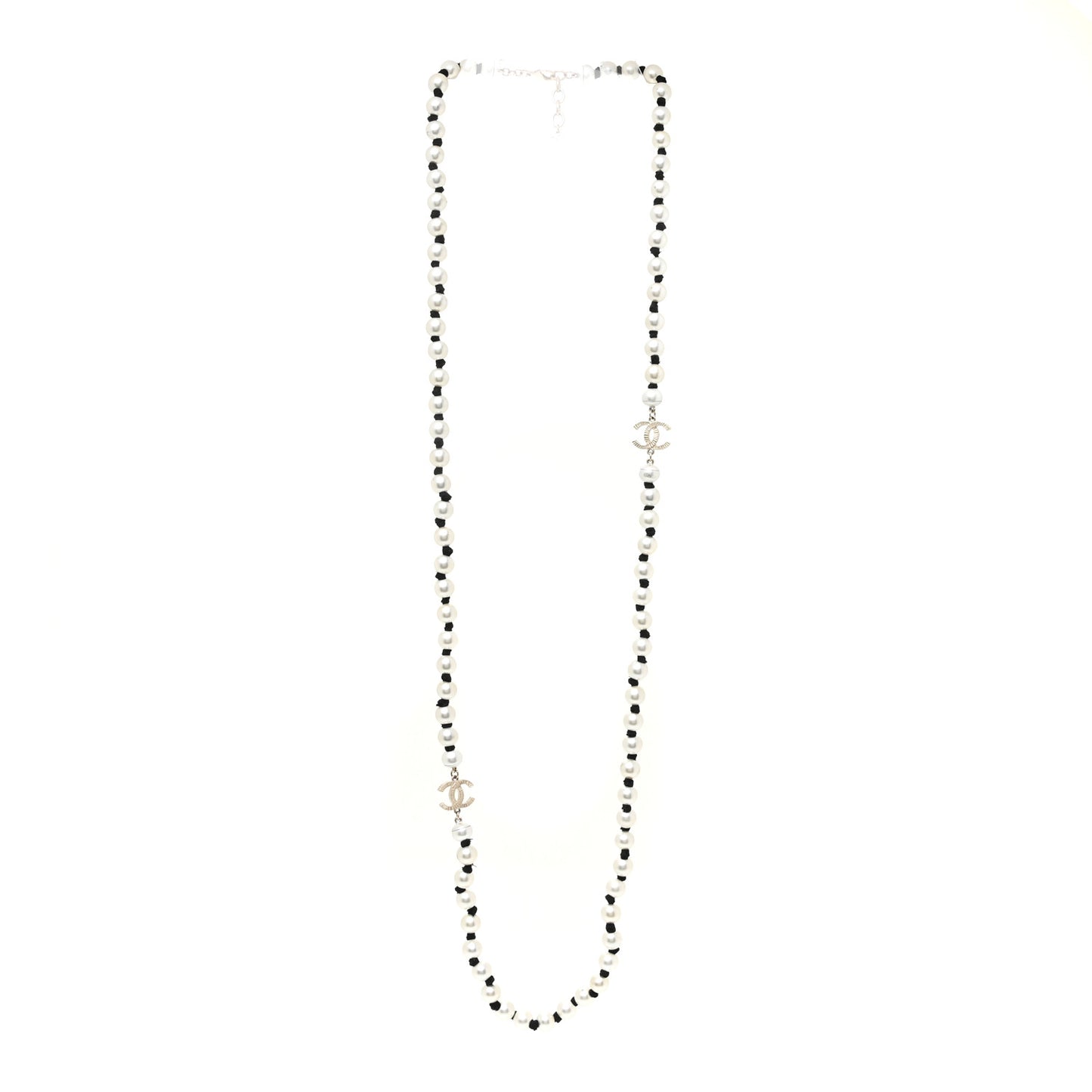 Pearl Grosgrain CC Runway Long Necklace Gold