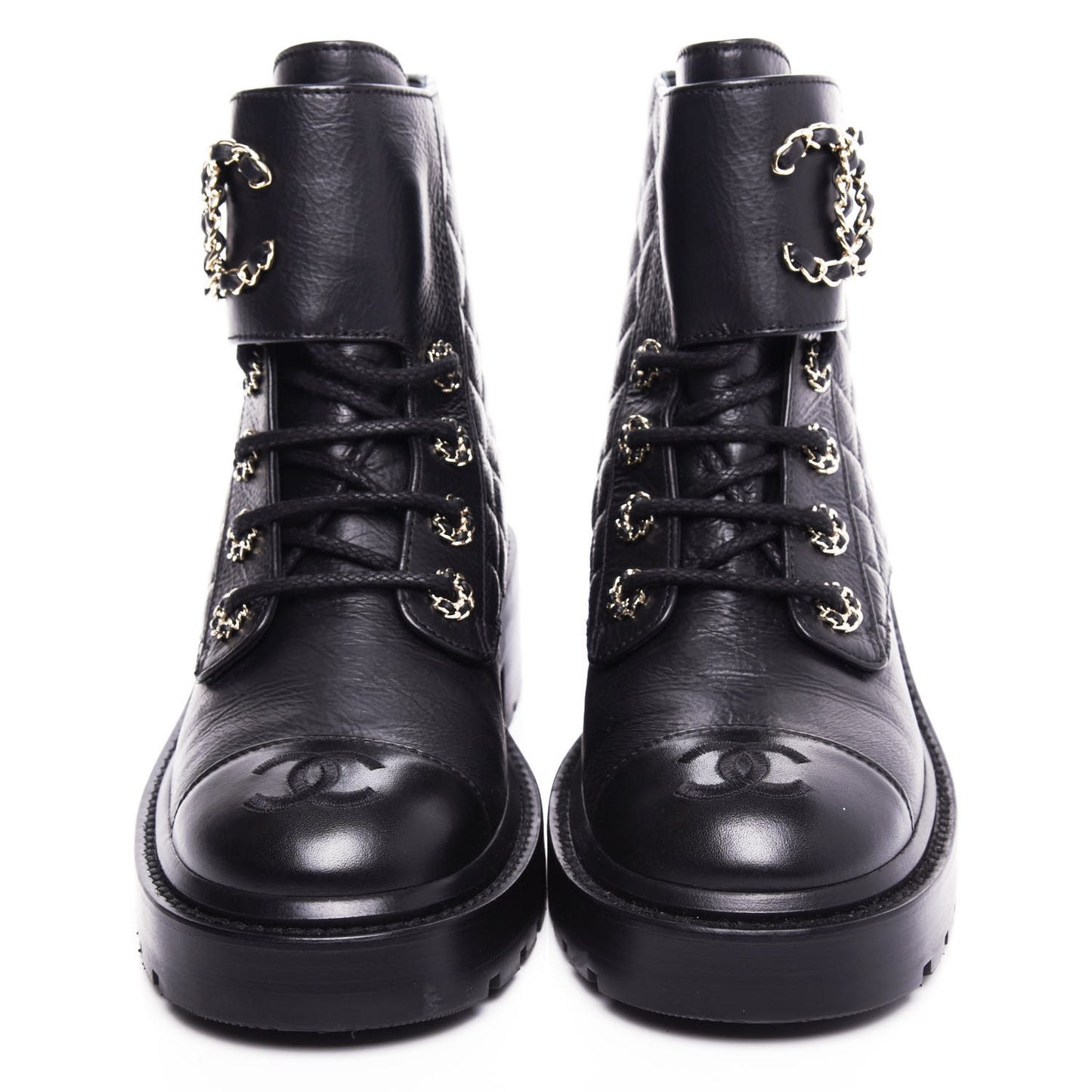 Shiny Goatskin Calfskin Quilted Lace Up Combat Boots 36.5 Black
