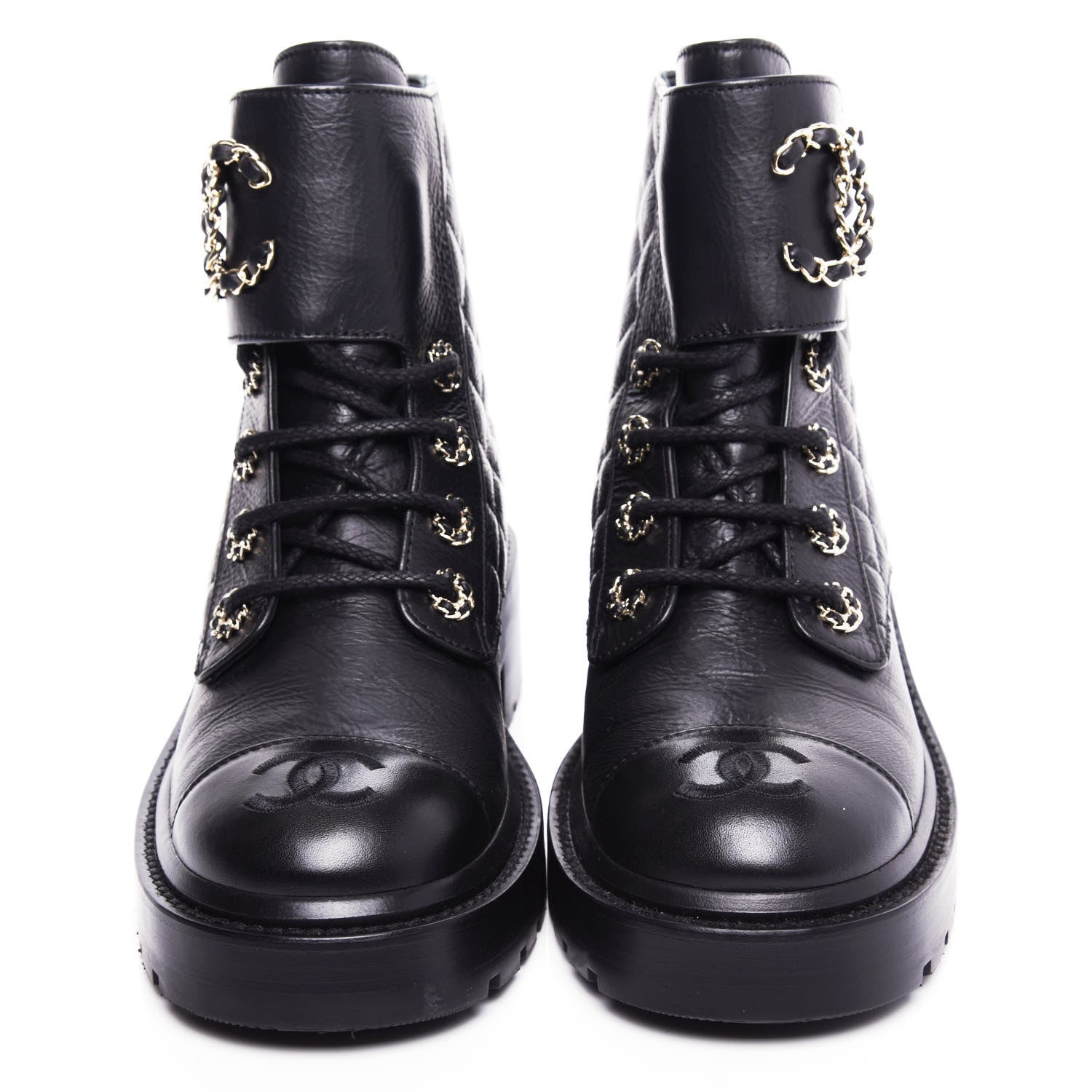 Chanel Shiny Goatskin Calfskin Quilted Lace Up Combat Boots 36.5 Black 5 of 10