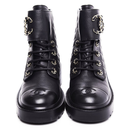 Chanel Shiny Goatskin Calfskin Quilted Lace Up Combat Boots 36.5 Black 5 of 10