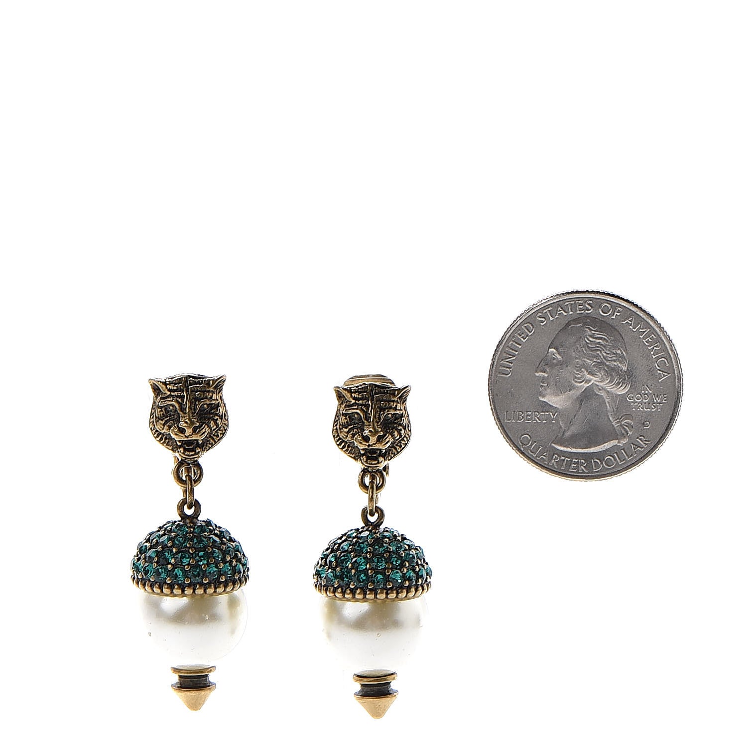Gucci Metal Crystal Pearl Feline Clip On Earrings Aged Gold 2 of 4