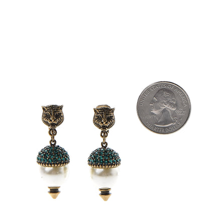 Gucci Metal Crystal Pearl Feline Clip On Earrings Aged Gold 2 of 4