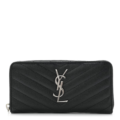 Saint Laurent Grain De Poudre Matelasse Chevron Monogram Zip Around Wallet Black 1 of 6