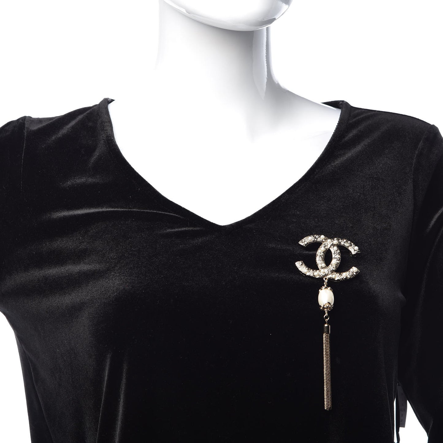 Pearl Chain CC Tassel Brooch Gold