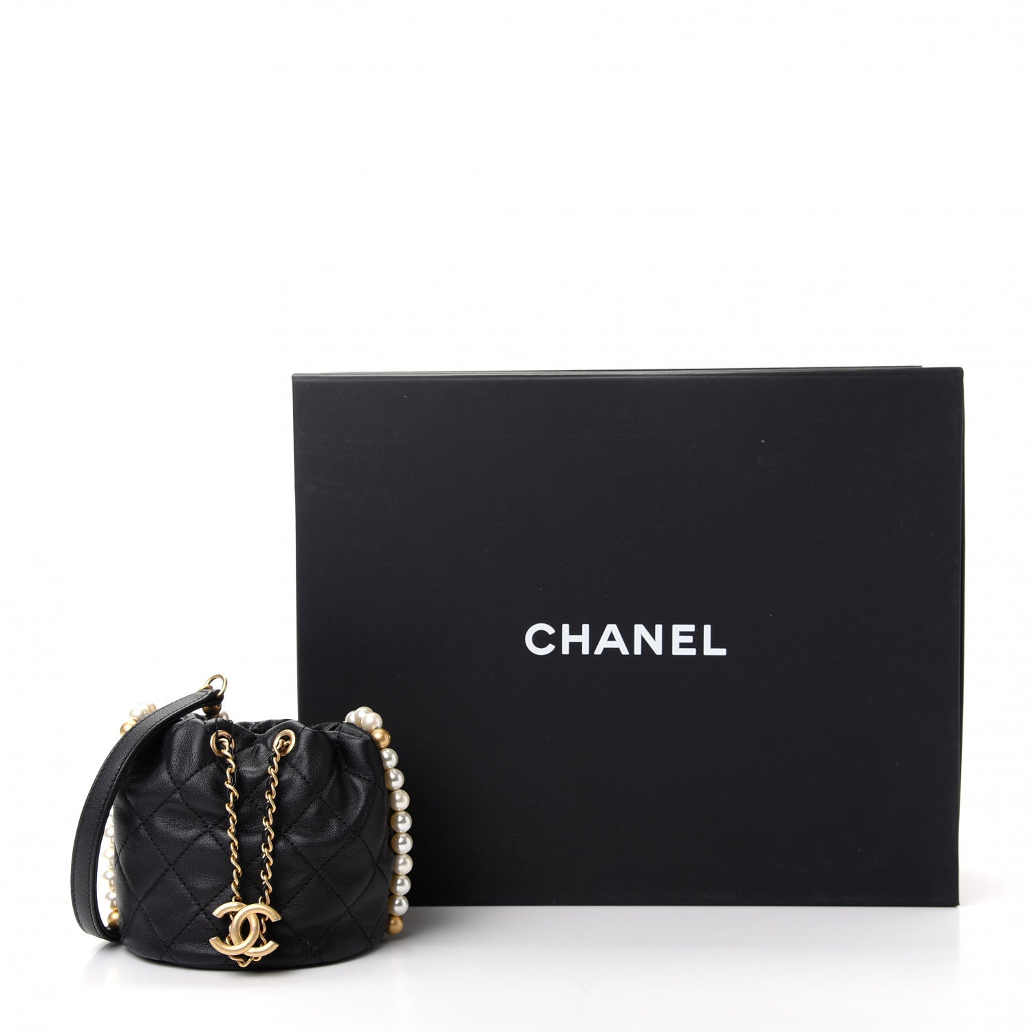 Chanel Calfskin Quilted Pearl Mini About Pearls Drawstring Bucket Bag Black 10 of 10