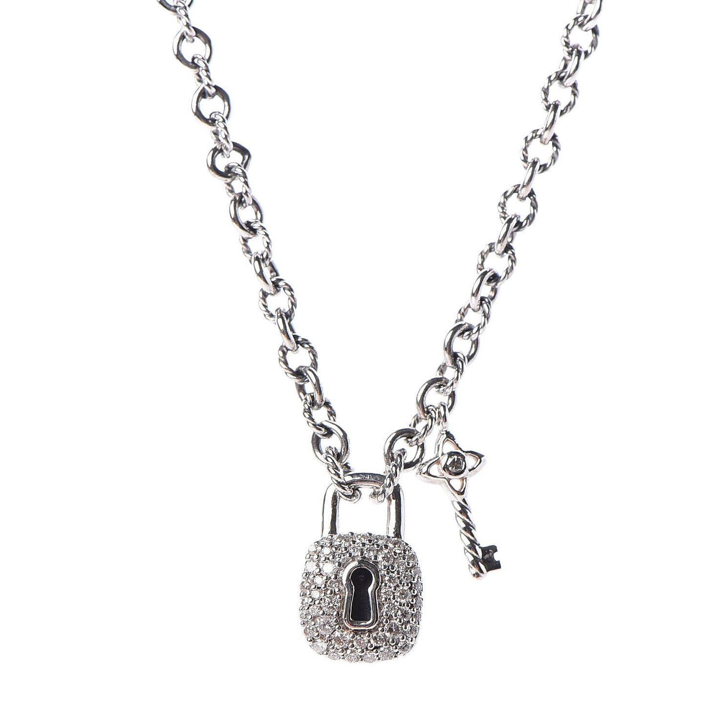 Sterling Silver Diamond Cable Collectibles Lock and Key Charm Pendant Necklace