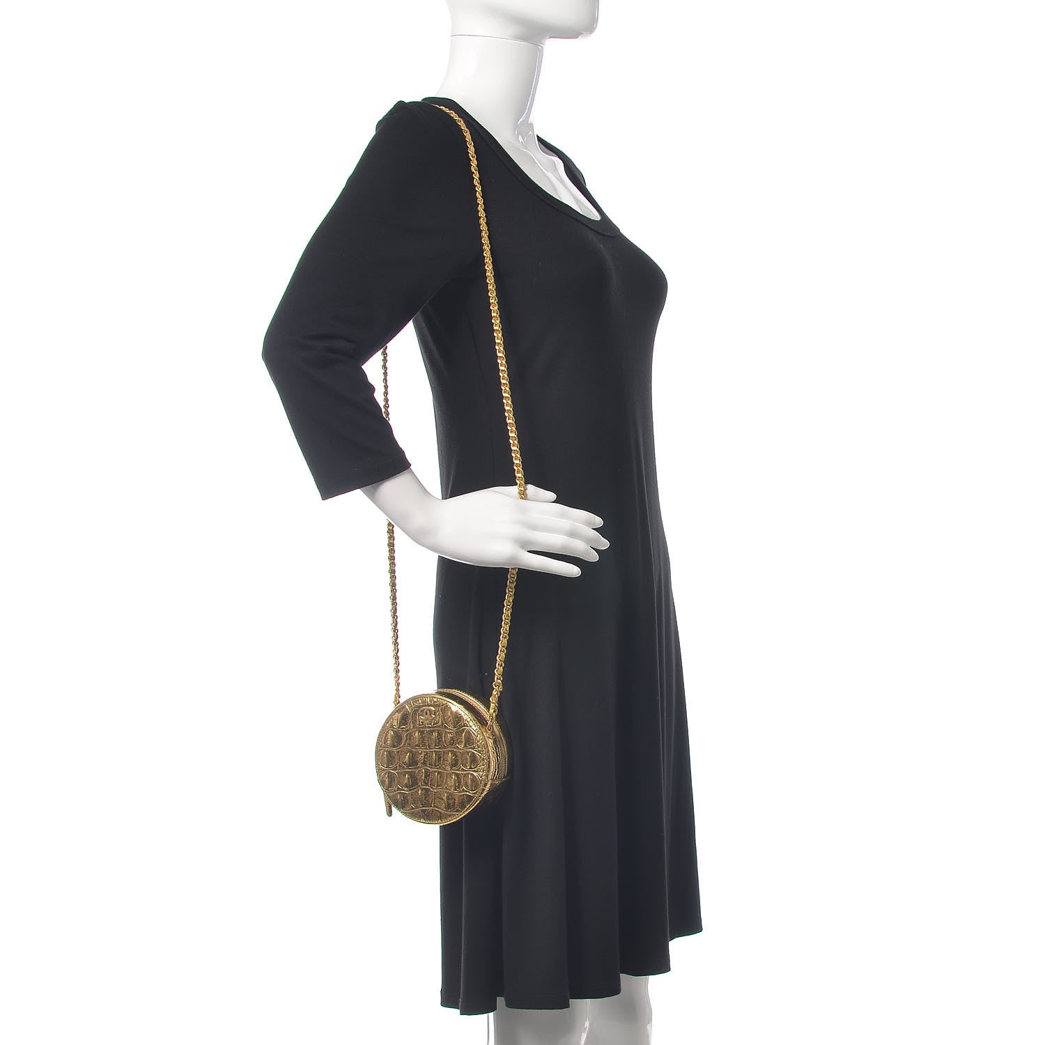 Chanel Metallic Calfskin Crocodile Embossed Cocodile Round Clutch with Chain Gold 2 of 8