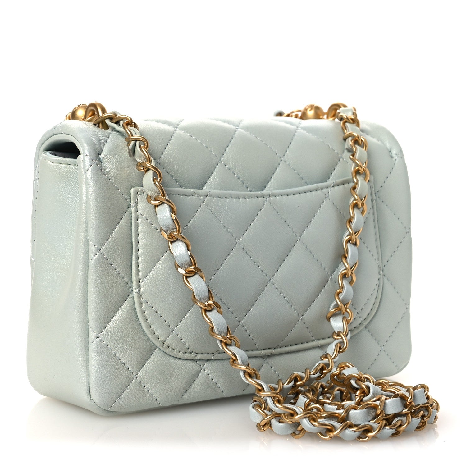 Chanel Shiny Lambskin Quilted Pearl Twist Mini Square Flap Light Blue 2 of 9
