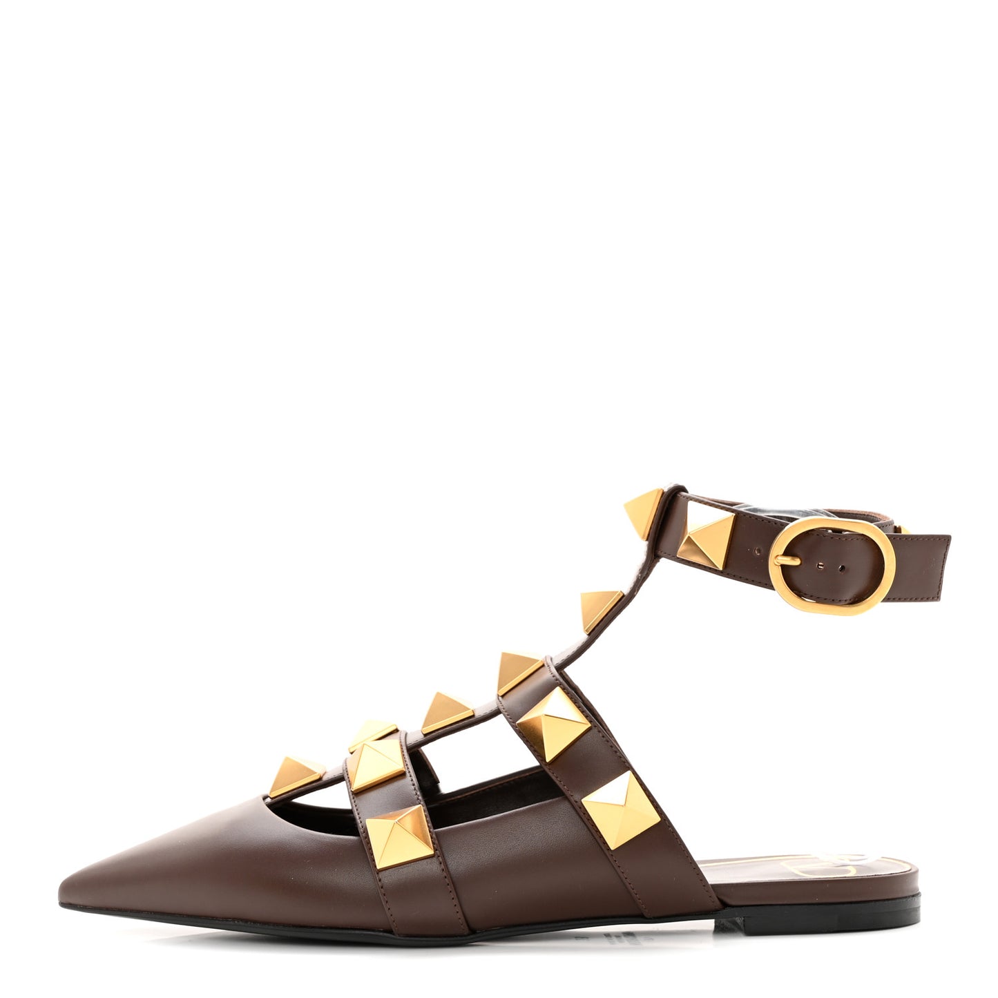 Calfskin Roman Stud Ankle Strap Flat Mules 38 Teak Brown