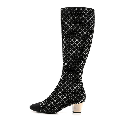 Chanel Kid Suede Strass Knee High Boots 38.5 Black 1 of 11