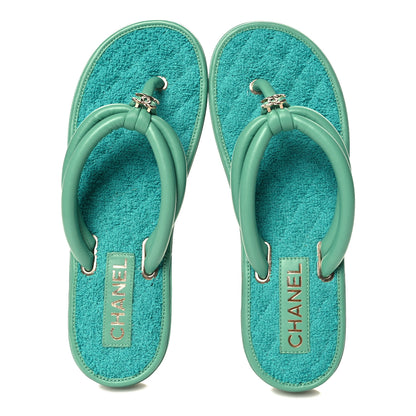 Chanel Lambskin Terry Cloth CC Thong Sandals 39 Green 2 of 8