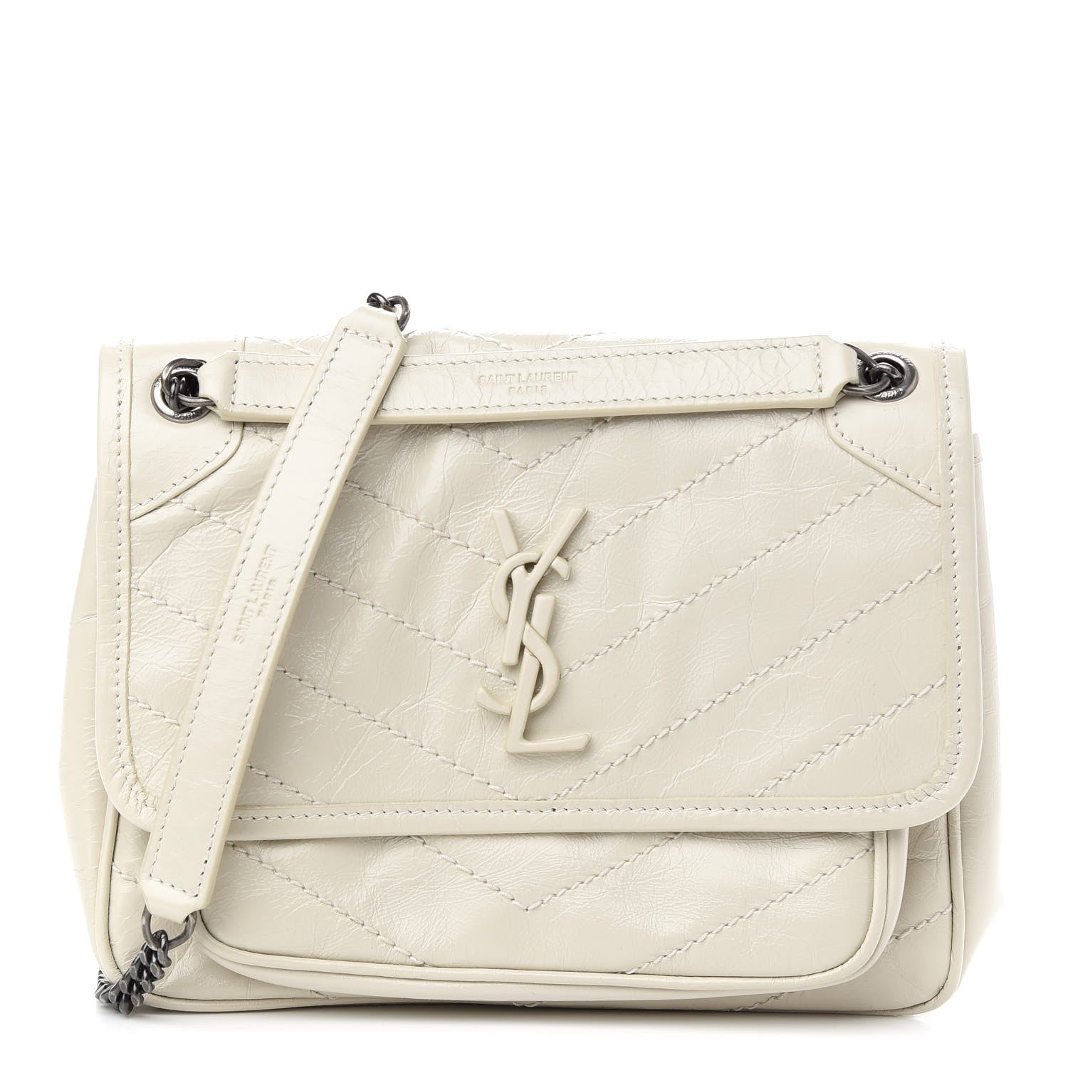 Saint Laurent Crinkled Calfskin Matelasse Monogram Baby Niki Chain Satchel Blanc Vintage 1 of 10