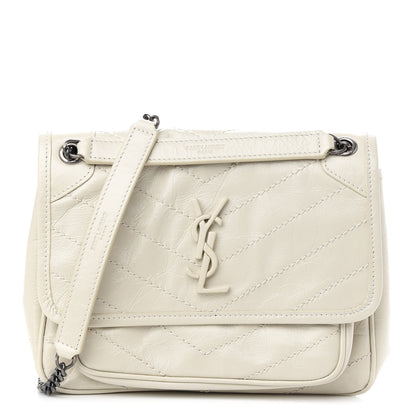 Saint Laurent Crinkled Calfskin Matelasse Monogram Baby Niki Chain Satchel Blanc Vintage 1 of 10