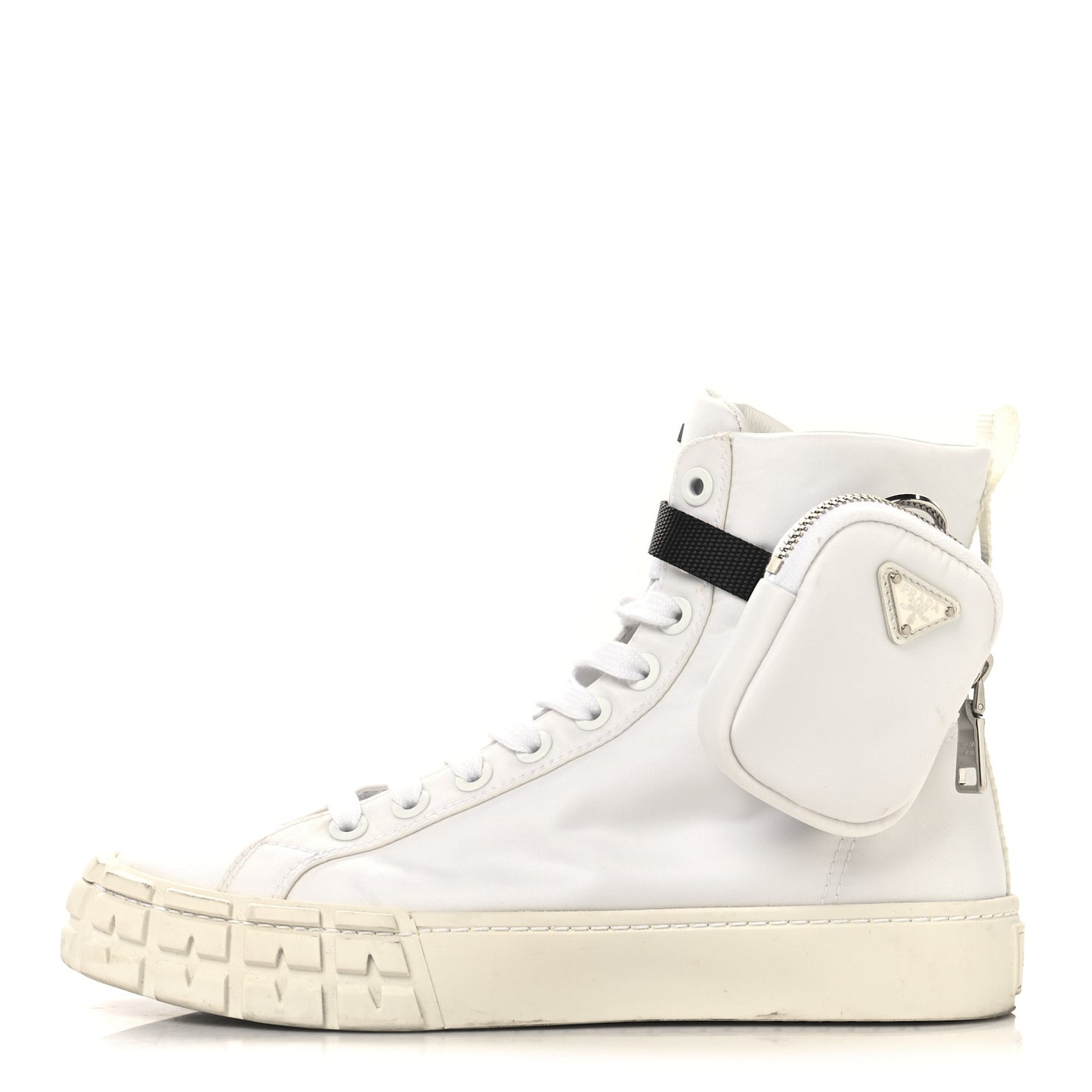 Re-Nylon Gabardine Metal Triangle Logo Wheel Pouch Pocket High Top Sneakers 40.5 White