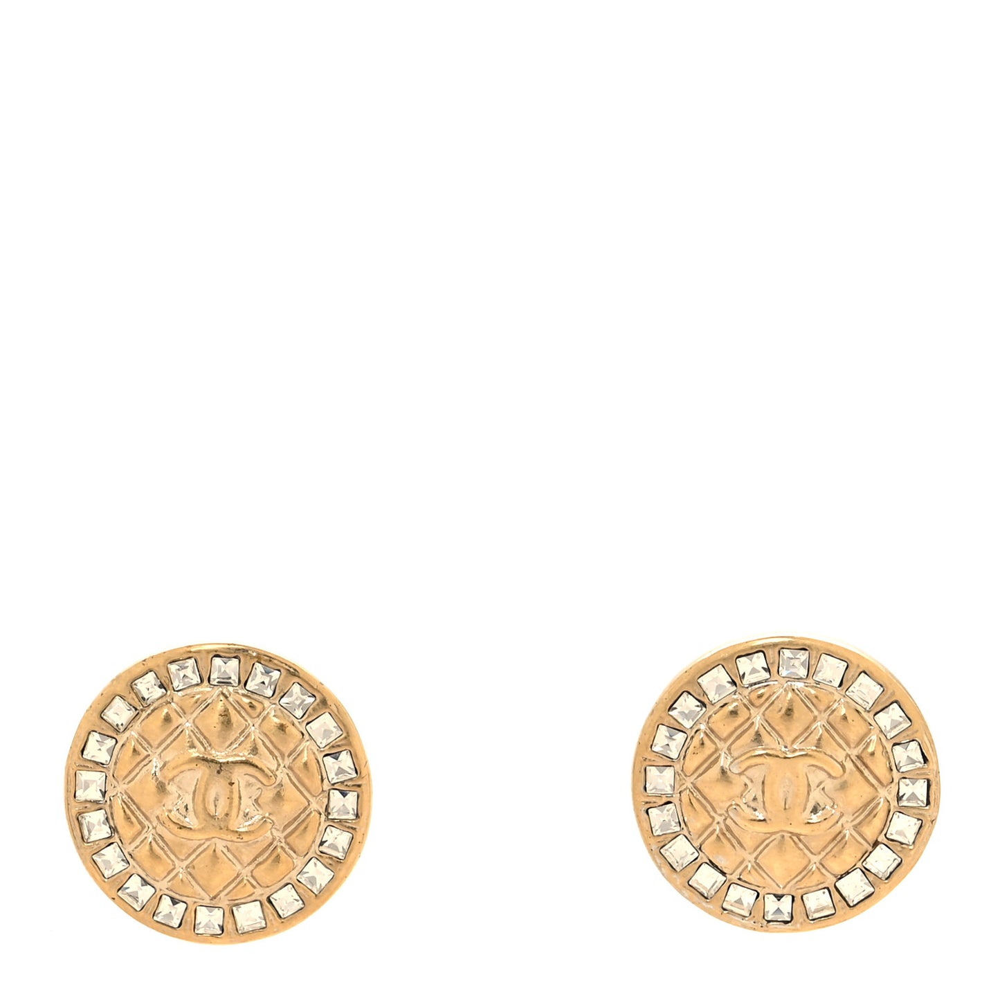 Metal Quilted Crystal CC Round Earrings Gold