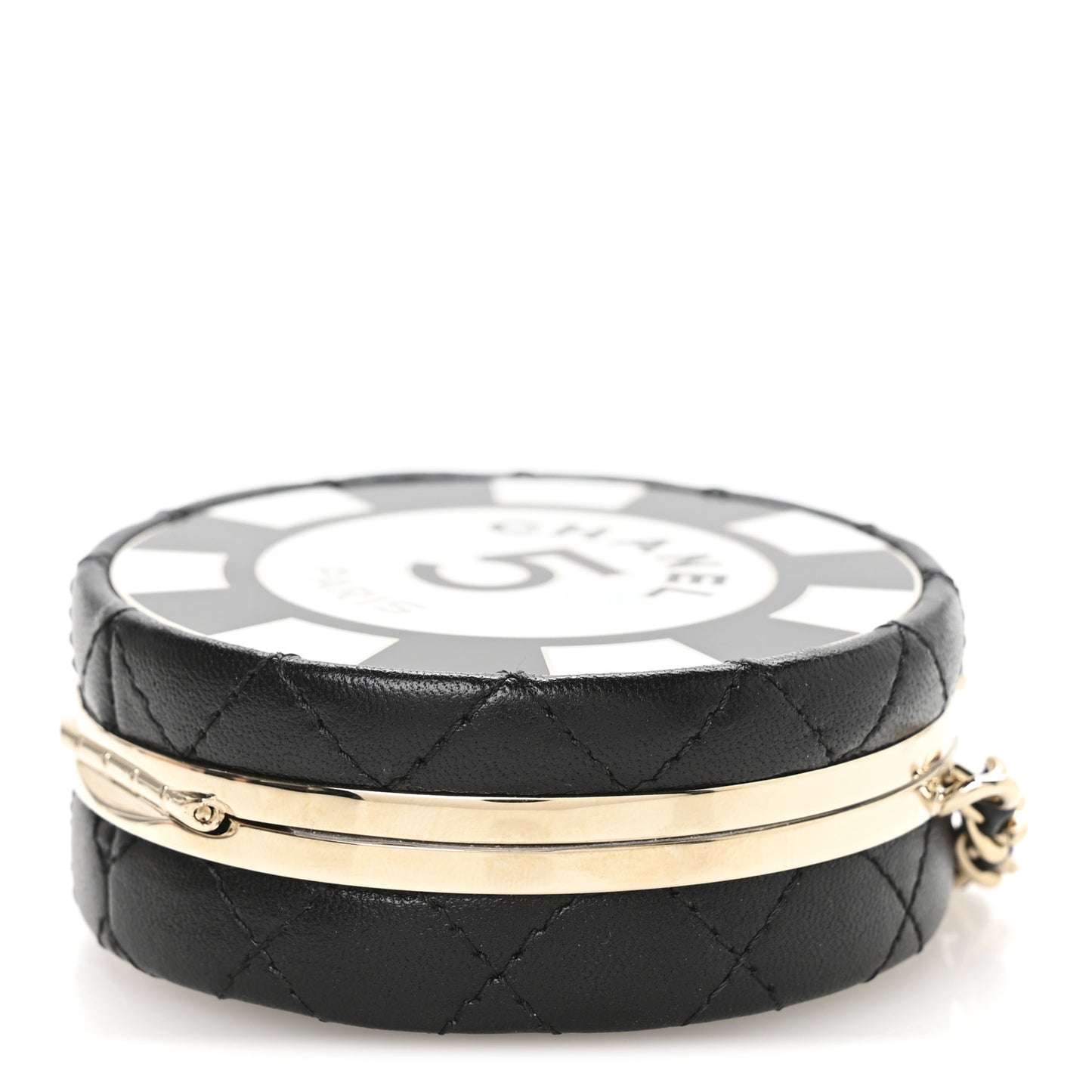 Lambskin Enamel Quilted Round Poker Chip Clutch With Chain Black White