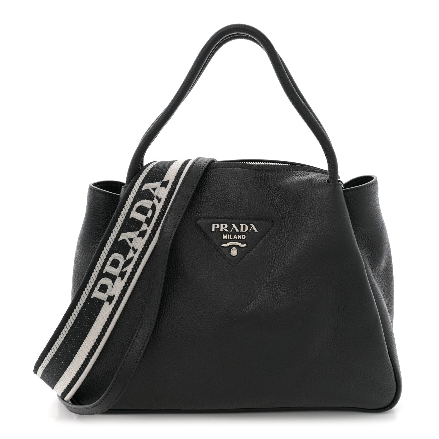 Prada Vitello Daino Soft Medium Zippered Top Handle Bag Black 1 of 9