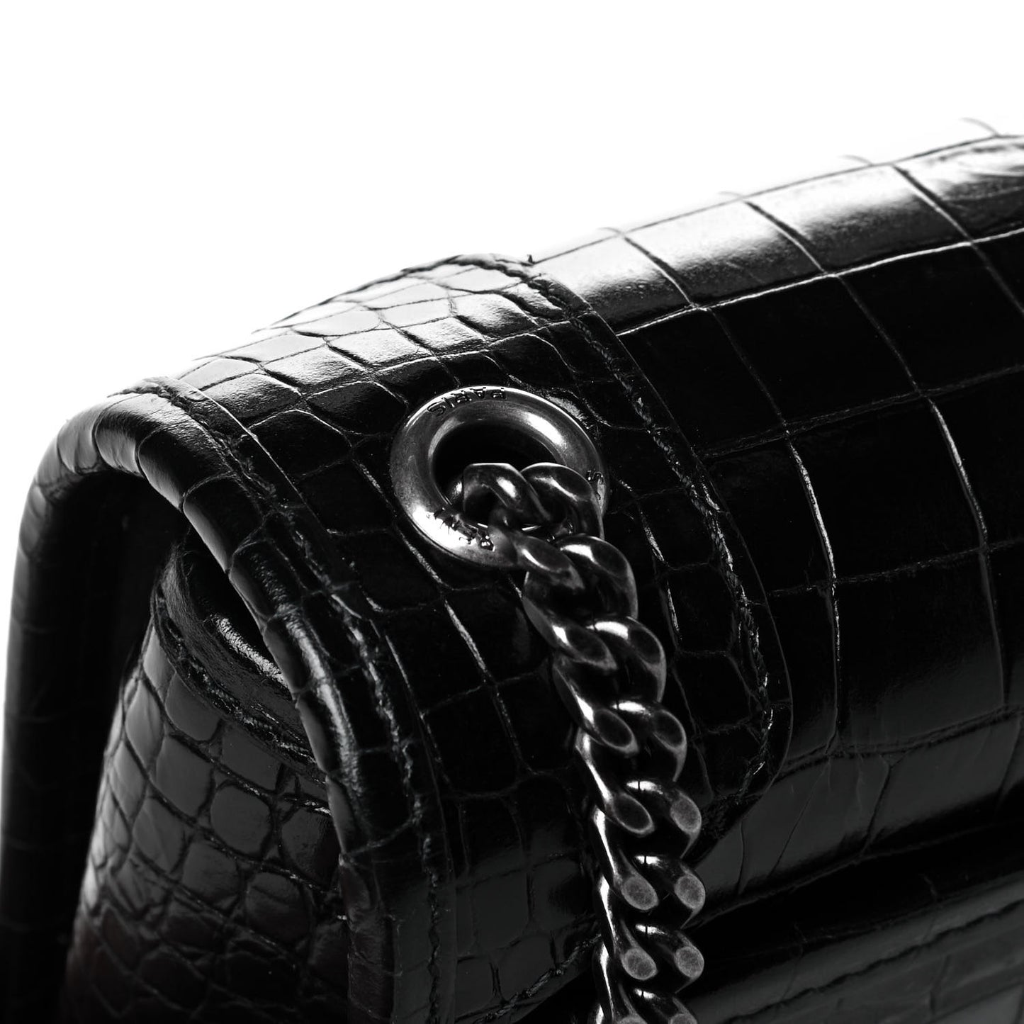 Crocodile Embossed Lambskin Matelasse Monogram Niki Chain Wallet Black