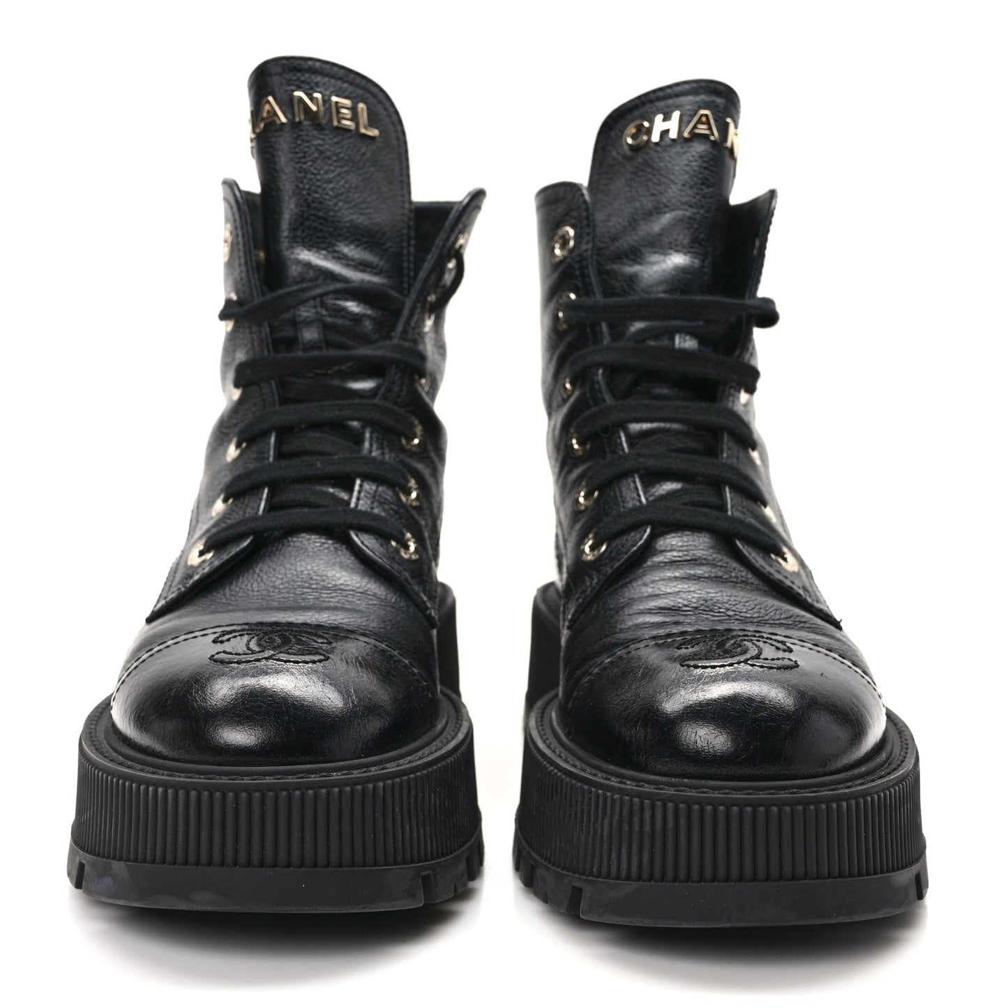 Grained Shiny Calfskin CC Lace Up Combat Boots 38 Black