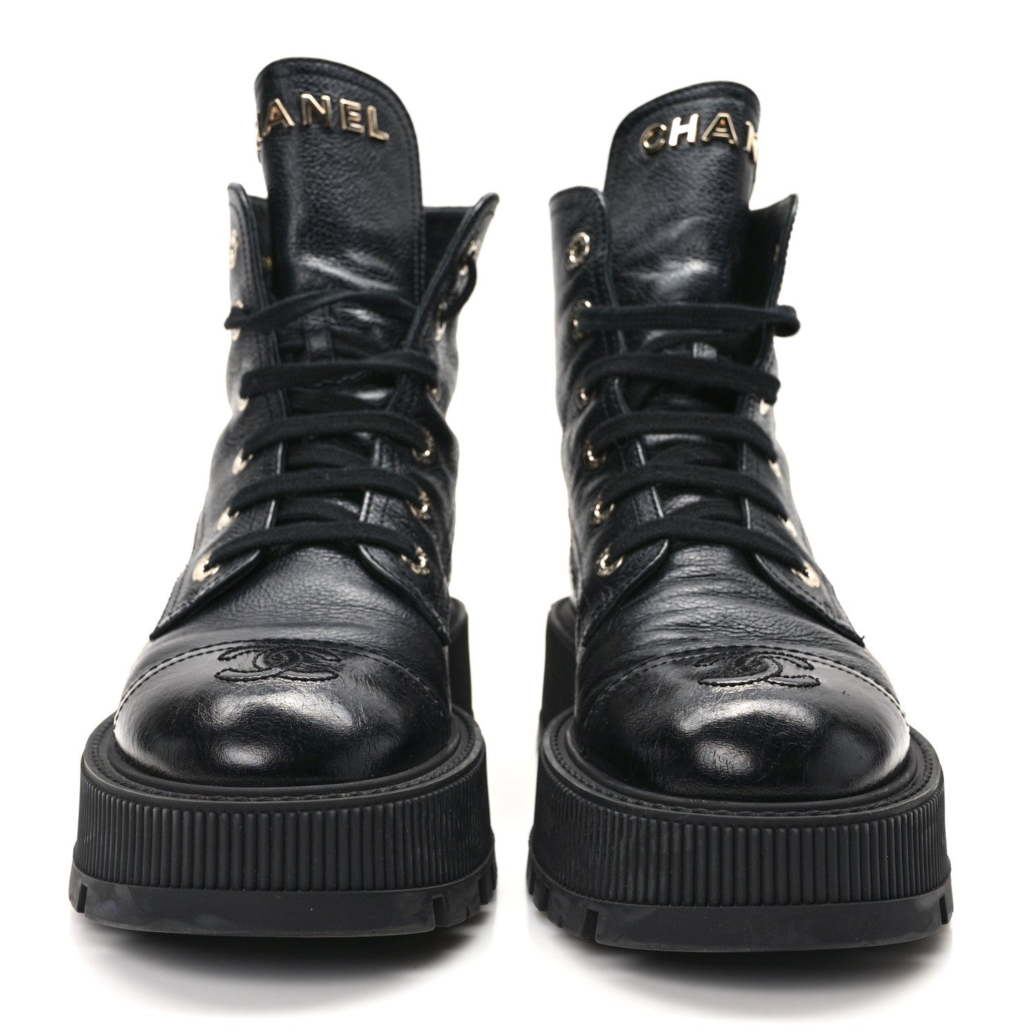 Chanel Grained Shiny Calfskin CC Lace Up Combat Boots 38 Black 2 of 11