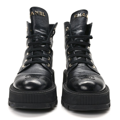Chanel Grained Shiny Calfskin CC Lace Up Combat Boots 38 Black 2 of 11