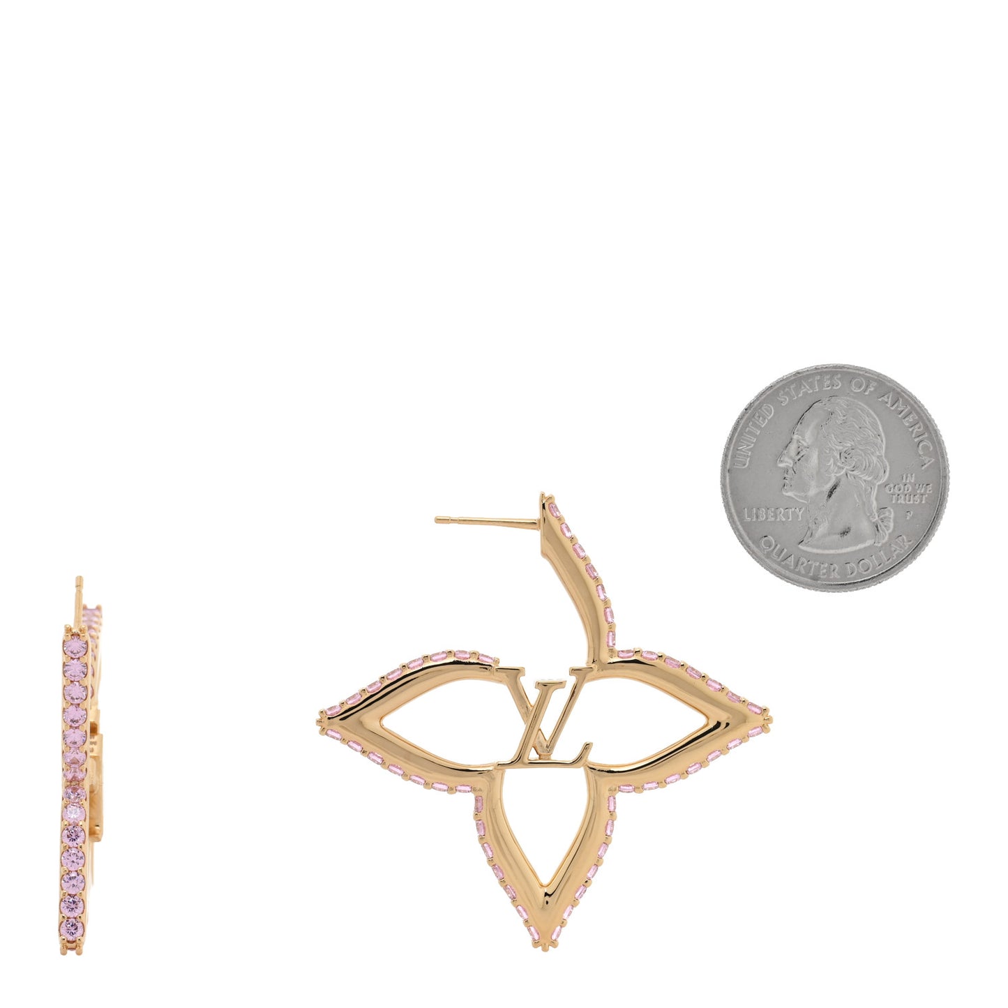 Metal Crystal LV Slim Flower Earrings Gold Pink