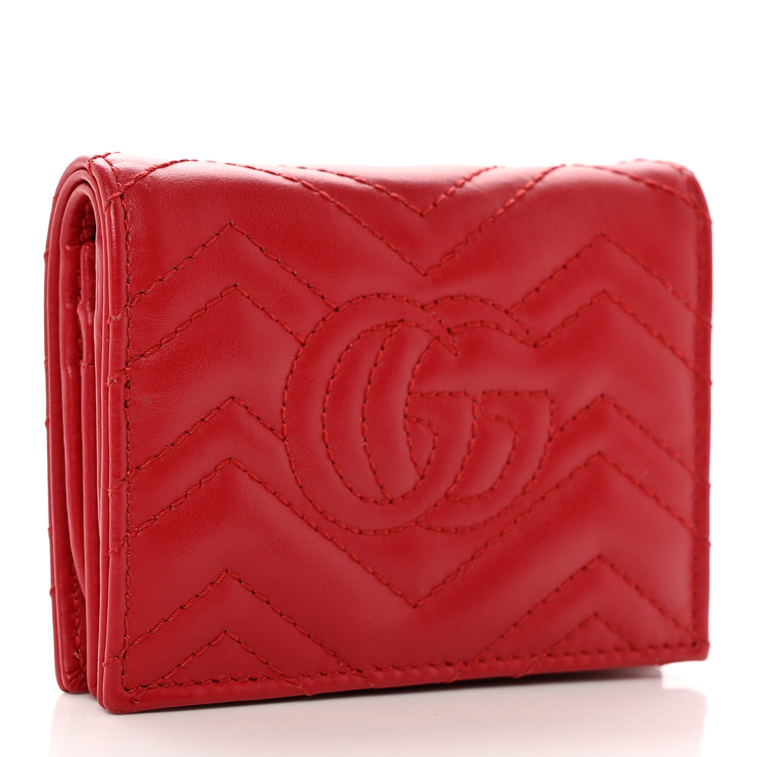 Gucci Calfskin Matelasse GG Marmont Card Case Wallet Hibiscus Red 3 of 11
